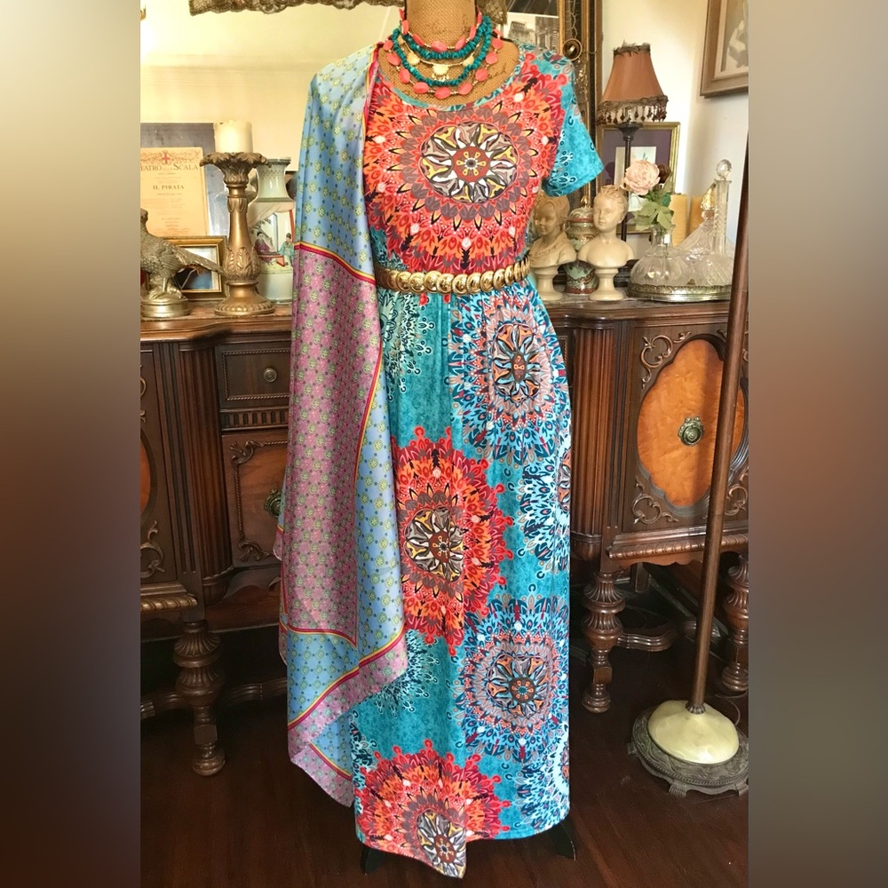 Pre-loved Exotic Mandala Floral Print Boho Hippie Gypsie Dress and Silky Shawl